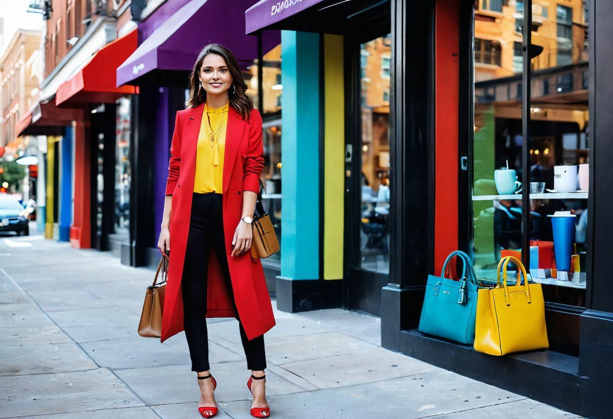 A stylishly dressed person standing confidently in a chic urban setting, showcasing an array of versatile outfits suitable for different occasions. Incorporate elements like a coffee cup in hand, a fashionable handbag, and a backdrop of trendy boutique shops. Use vibrant colors to highlight the mix of casual and formal wear. super-realistic. vibrant colors. urban setting.