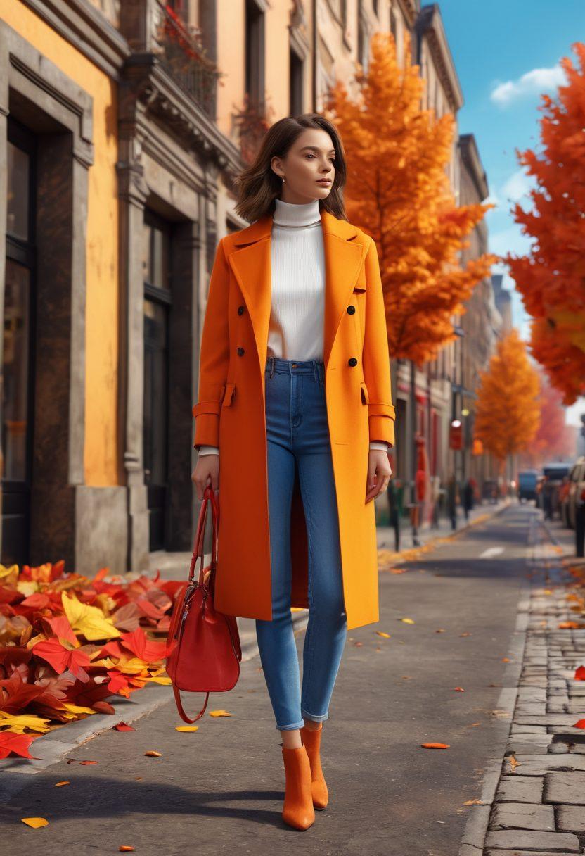 A stylish woman confidently showcasing three different trendy outfits in a chic urban environment, with vibrant fashion accessories and a striking backdrop that reflects a modern cityscape. Include elements like colorful street art, autumn leaves, and a sense of movement to convey a lively fashion vibe. super-realistic. vibrant colors. 3D.