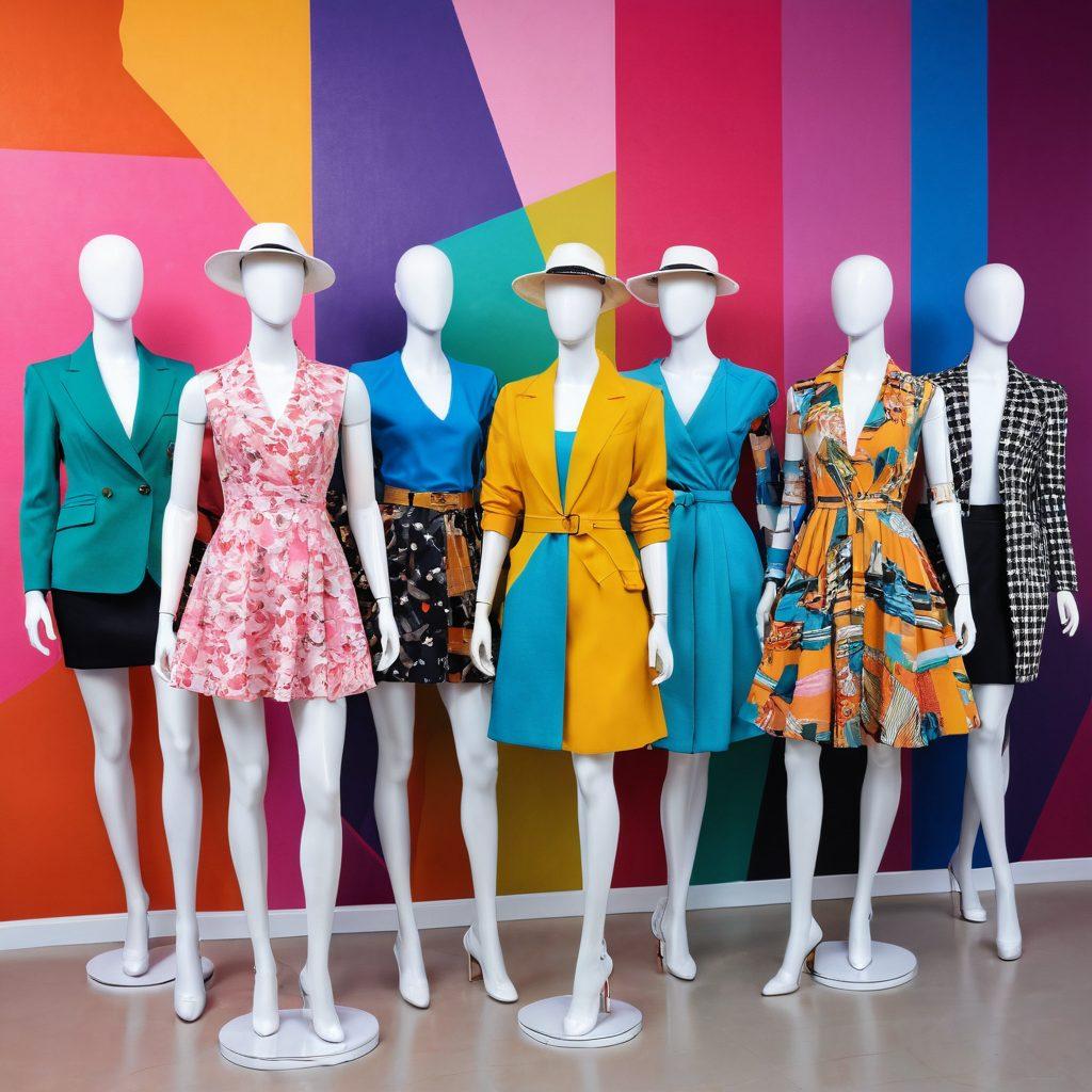A vibrant collage of diverse fashionable outfits on stylish mannequins, set in a modern boutique environment with trendy accessories scattered around. Include a colorful background of inspiring fashion sketches and trendy fabrics hanging on the walls. Add a touch of creativity with playful illustrations of fashion items like hats, shoes, and bags. Capturing the essence of style innovation and endless outfit possibilities. digital art. vibrant colors. 3D.